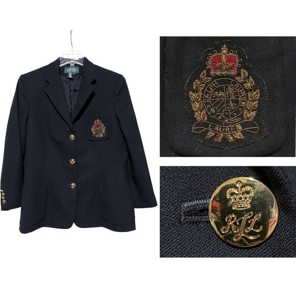Vintage Lauren Ralph Lauren Gold Crown Crest Blazer 14 Rugby Preppy 100% Wool - Picture 2 of 10